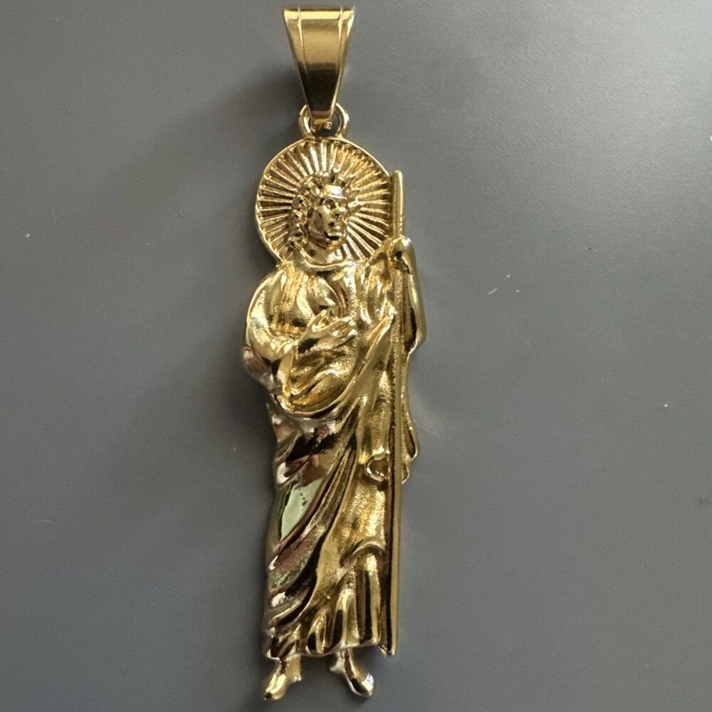 St. Jude Thaddeus Religious Pendant Gold Tone Stainless Steel 24” Chain Jesus